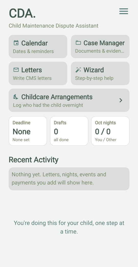 The CDA home screen with Calendar, Case Manager, Letters, Wizard and Childcare tiles, the next deadline, draft letters, nights this month and recent activity