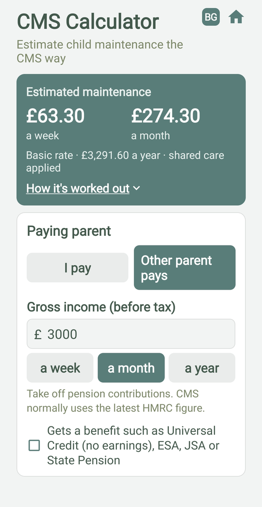 The CMS calculator showing an estimate of £63.30 a week with shared care applied