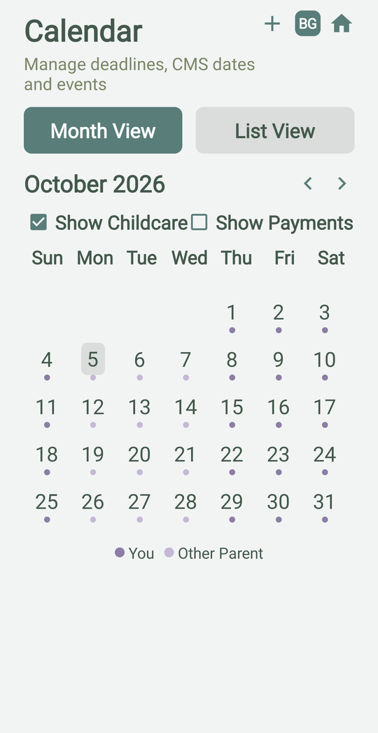 The CDA calendar for a month, with a dot under each day showing whether the children stayed with you or the other parent