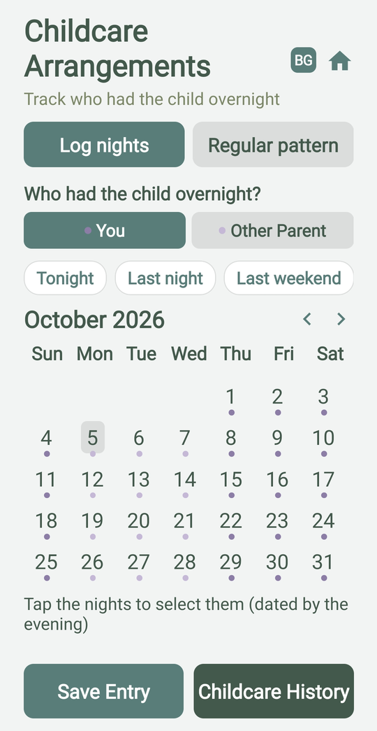 Childcare Arrangements: choosing who had the child overnight and tapping the nights on a calendar