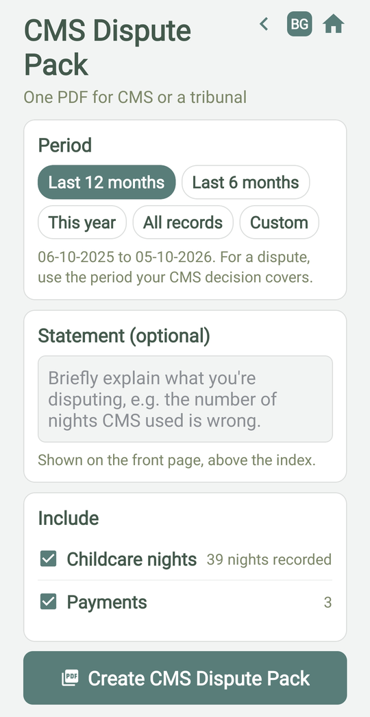 Case Manager with folders for evidence, CMS letters, bank and payments, screenshots and other documents, and the CMS dispute pack