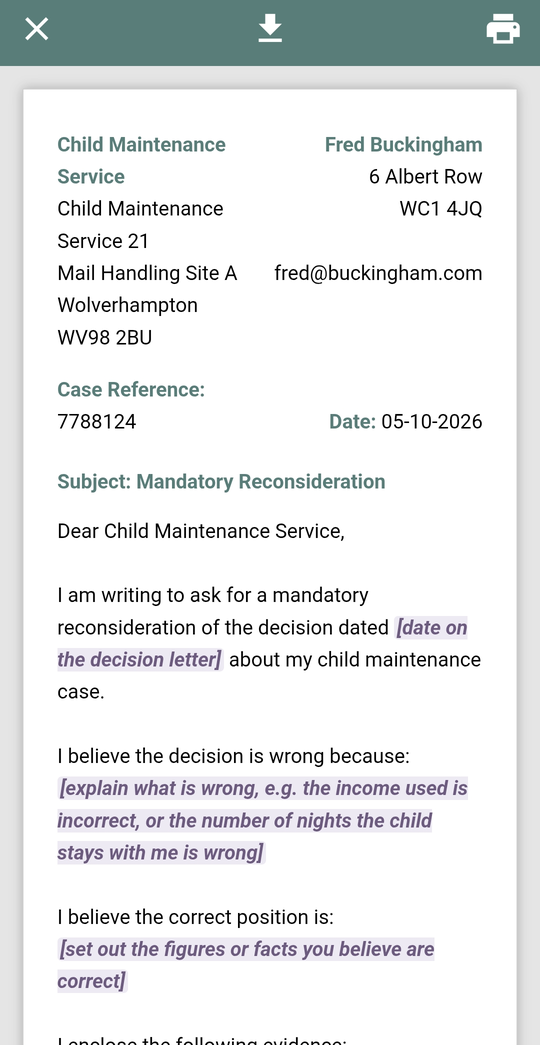 A mandatory reconsideration letter with your details and CMS address filled in, ready to download or print