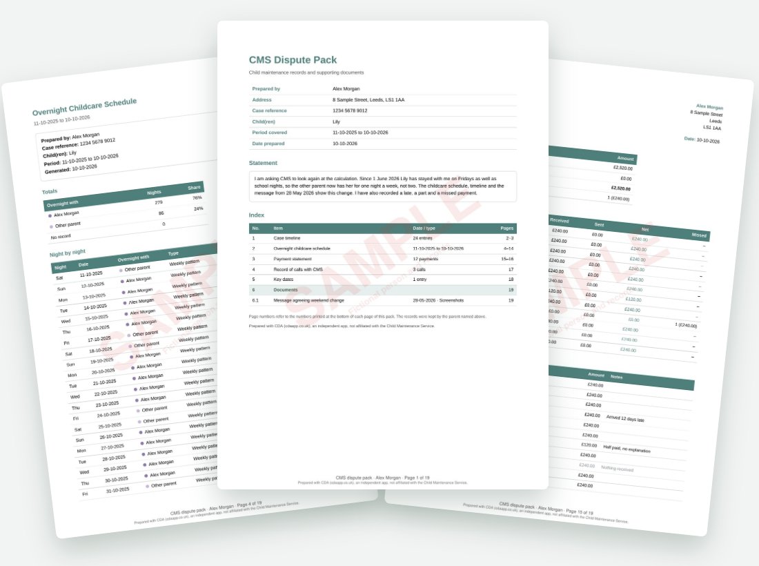 Three pages of a sample CMS dispute pack: the front page with its index, the overnight childcare schedule and the payment statement